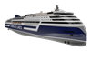 The image shows a render of the new design of RoPax ferry for Grimaldi Lines