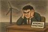 A cartoon depicting an angry man from the windmill department seated at his desk in front of an offshore wind turbine
