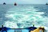 A view from the bridge of Braveheart showing all three vessels in tow astern.