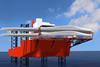 A computer generated image shows a Seajacks vessel carrying wind turbine blades on its blade rack.