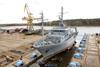 The ‘Schwedeneck’ is seen in drydock for conversion works at the Peene facility of P + S Werften in Wolgast.