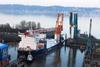 Aeolus, the first jack-up vessel built in Germany for offshore wind farms, glides onto the Elbe