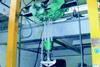 Ram hook with shackle bore lifting attachment during production tests when fitted to EH 50 pneumatically operated monorail hoist, supplied by J D Neuhaus for use at an American shipyard.
