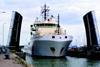 Anglian Sovereign passes through the lifting bridge into Lowestoft for the first time.