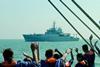 Sea Cadets aboard the former HMS Echo greet the recently commissioned namesake off Portsmouth.