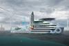 A render for a Salt Ship Design construction commissioning service operation vessel with wind turbines in the background