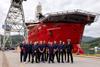 The image shows the newly delivered Grampian Eagle with its crew at the quayside