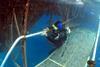 The image shows a diver performing an underwater inspection