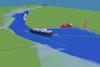 A cargo ship is given a tug escort out of the Port of Southampton as seen in C-Vu 3D VTS