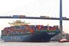 New Hamburg visitor CMA CGM 'Christophe Colomb' is twice as big as this ship, seen negotiating the Elbe at Hamburg.