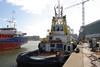 'Warlock' is seen alongside at Shipdock BV's facilities at Harlingen in the Netherlands.