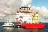 The ‘Rix Panther’ pushing up to Reef Subsea’s vessel the ‘Polar King’ at the Gwynt y Môr windfarm