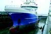 The offshore construction vessel Bibby Sapphire is seen in NSLs Birkenhead Yard dry dock for conversion to a dive support vessel.