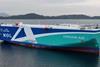 The image shows a wide shot of Mitsui O.S.K. Lines’ LNG-fueled car carrier, Cerulean Ace