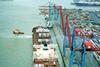 A Maersk Sealand S-class container vessel berthing at Goteborgs Container terminal, the end of the Torsham fairway.