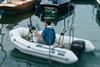 The comfortable and manoeuvrable RIB is well suited for marina surveys. Note the inboard transducer attached to the standard Leica Survey pole.PG