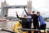 The successful team complete their row at London’s Tower Bridge on Sunday morning.