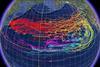 NOAA has predicted possible trajectories for the debris field using OSCURS (Ocean Surface Current Simulator) Year 1 = red; Year 2 = orange; Year 3 = yellow; Year 4 = light blue; Year 5 = violet Photo: Courtesy of J. Churnside, NOAA; created using Google.