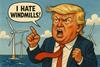 The image shows as AI generated (DALL·E) caricature of image with Trump in front of offshore wind turbines shouting he hastes windmills