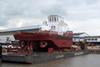 Afon Cadnant is positioned on the deck of the submersible pontoon Lastdrager 27 prior to its launch.