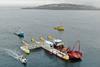 The PLAT-I floating tidal energy was towed across to Grand Passage by local fishing vessels 'TyKiSha-J' and 'Island Lady G' Photo: Sustainable Marine Energy Ltd
