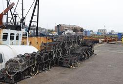 Pots stacked at  the harbour in Milford Haven, Wales