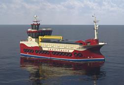Artist’s impression of ‘Margaret McKenzie’, Parkol Marine Engineering New Build 073, a hybrid fish feed carrier being constructed for Inverlussa Marine Services
