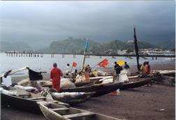 Fishing boats on Limbe beach in Victoria, Cameroon