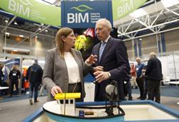 The image shows Timmy Dooley TD, Minister of State for Agriculture, Food and the Marine with responsibility for Fisheries, with Caroline Bocquel, CEO BIM, at the 2025 Irish Skipper Expo in Limerick