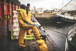 two fishermen standing on a dock mooring a boat