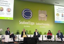 A wide angle shot of the “Marine Ingredients in Aquafeeds: Measuring Progress and Challenges in Responsible Sourcing Commitments” at Seafood Expo Global