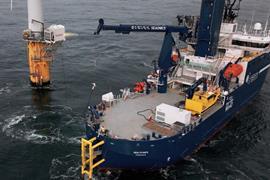 The image shows the hybrid-electric CSOV, REM Power during tests with the Ocean Charger