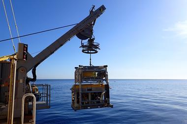 2025-05-08 A remote-controlled submersible is lowered from HEBO LIFT 2 to carry out underwater analysis of Bayesian and the surrounding seabed