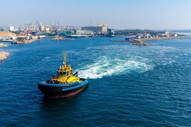 The image shows the SAAM ElectRA 2500SX tug during sea trials