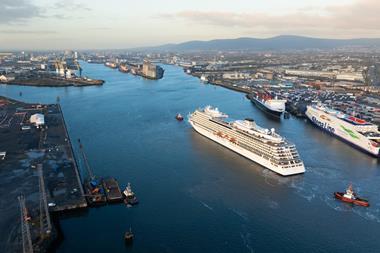 The image shows an aerial shot of Belfast Harbour
