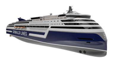 The image shows a render of the new design of RoPax ferry for Grimaldi Lines