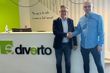 The image shows Erik Ceuppens, CEO Marlink Group and Boze Saric, CEO, Diverto shaking hands on the acquisition deal