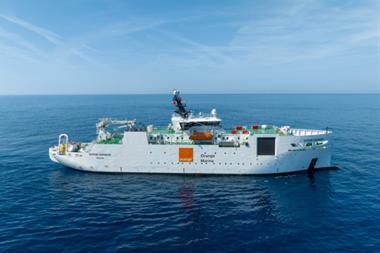 The image shows a render of the newbuild Orange Marine cable repair vessels