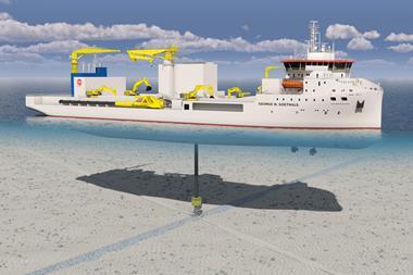 This 3D image shows the vessel installing rock on top of a subsea energy cable