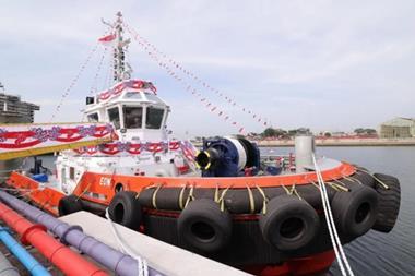 An image of the EON tug at the quayside following delivery