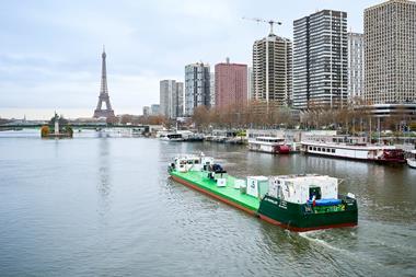 The image shows Sogestran's Zulu 06 is France’s first hydrogen-powered river vessel on the Seine