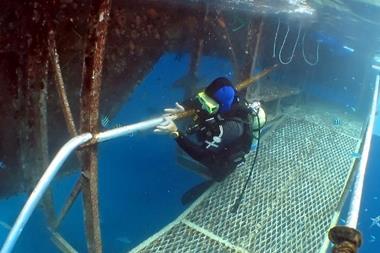 The image shows a diver performing an underwater inspection