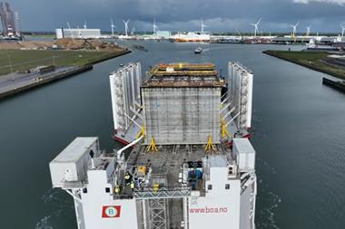 The image shows the Caissons being transferred to the Scaldia terminal for final finishing works