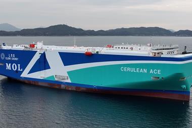 The image shows a wide shot of Mitsui O.S.K. Lines’ LNG-fueled car carrier, Cerulean Ace