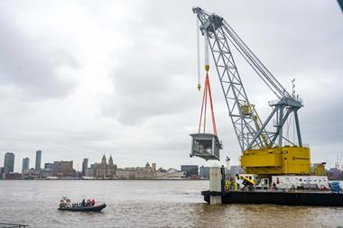 The picture shows the Lara 1 crane at work on the Woodside Linkspan Bridge installation