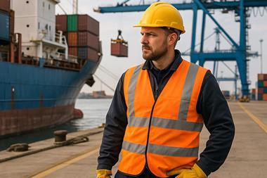 The image shows a AI generated image of a dockworker on the quayside with a ship in the banckground