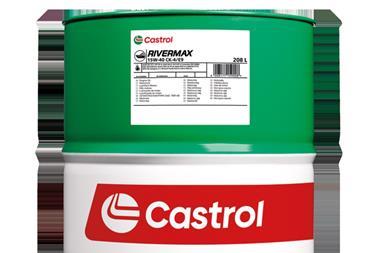 The image shows an up close image of a Castrol Rivermax 15W-40 CK-4/E9 barrel