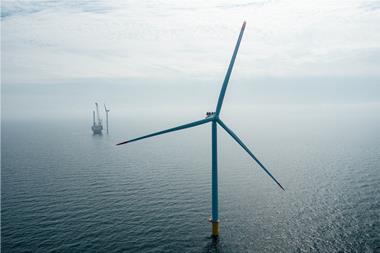 The image shows a Cadeler offshore wind turbine
