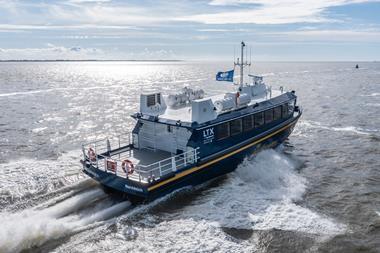 The image shows the Dutch ferry equipped with Hamilton LTX-0557 waterjets on the water