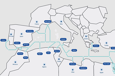 The image shows the map of how the Medusa submarine cable system will connect Europe and North Africa